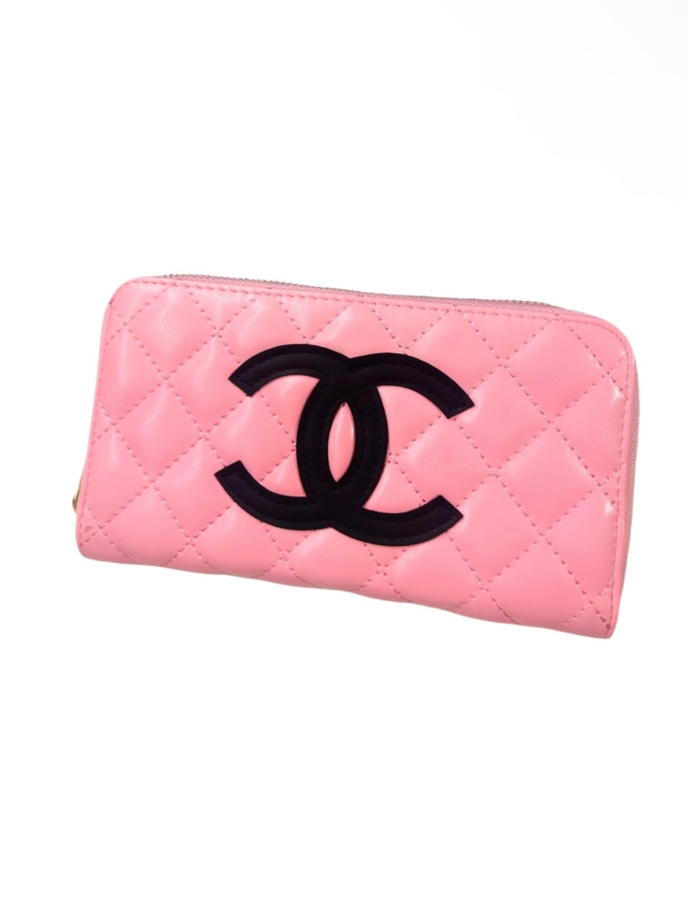 CHANEL Pink Quilted Zip-Around Wallet with Black CC Emblem